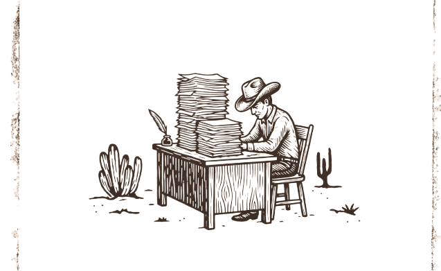 A frontier-era cowboy at a wooden desk, buried in a tall stack of papers. Illustrating an owner-led business owner overwhelmed by manual operational work.
