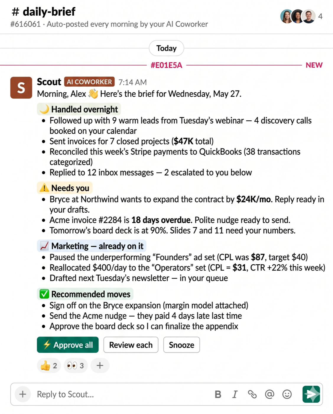 An AI Coworker posting a daily brief in Slack: pipeline, overdue invoices, and the day's follow-ups.
